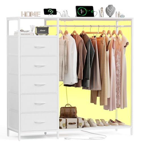 47 Inch White Dresser with LED Lights & Hanging Rack, 5 Drawer Fabric Dresser with Charging Station and Shelves, Tall Closet Organizer for Bedroom Clothes Storage - color: White, size: 11.8"D x 39.4"W x 31.5"H (5 Drawers)
