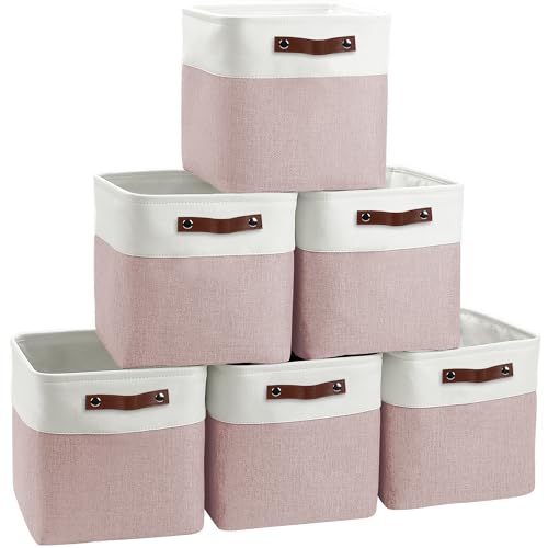 FinishingBo Cube Storage Baskets 6 Pack, 11x11 inch Cube Storage Bins with Leather Handles for Shelf Closet (White/ Pink) - color: White/Pink