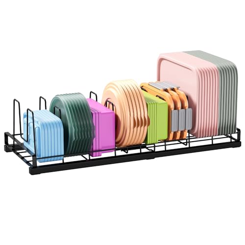 Expandable Food Container Lid Organizer, 9 Adjustable Dividers Sturdy Metal Pot and Pan Organizer Rack for Kitchen Cabinets, Drawers, Pantry Shelves, Countertops, Black, 8.15" Wide - color: Black,13"-21" Expandable,9 Dividers