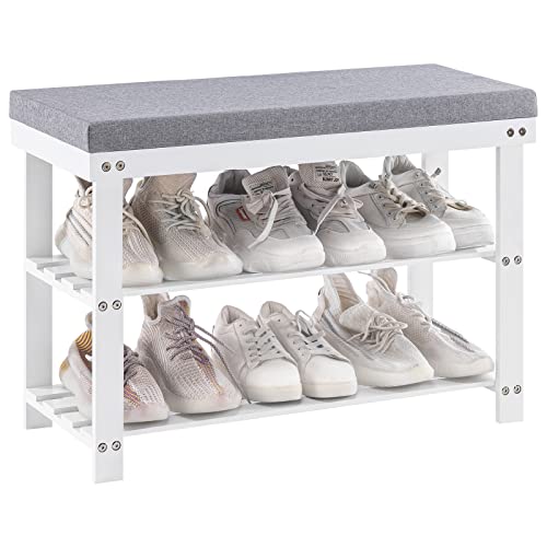 Apicizon 3-Tier Shoe Rack for Entryway, Bamboo Shoe Bench with Cushion Padded Seat, Small Shoe Organizer with Storage for Indoor Entrance Hallway Bedroom Living Room, White - color: White, size: 27.6 Inches With Cushion