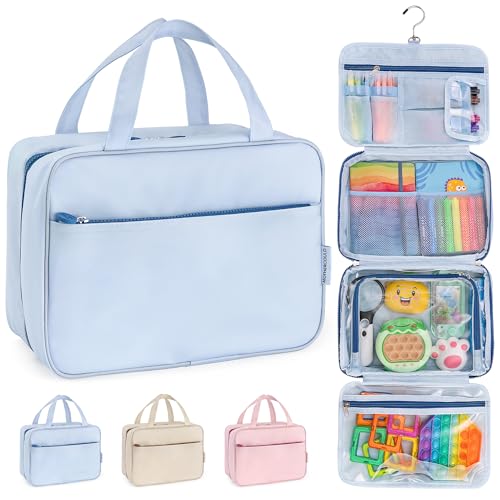 Kids Travel Organizer – Multi-Compartment, Water-Resistant Hanging Bag for Toys, Snacks, & Activities - Compact, Lightweight Design with Hook & Carry Handle - Perfect for Travel Use (Blue, Large) - color: Blue, size: Large