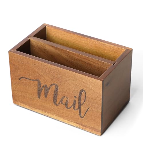 LBEMEY Mail Holder Storage Organizer Box,Acacia Wood Mail Organizer Countertop,Desktop Letters, Bills, Notes and Postcard Bin for Home Office Dorm Room