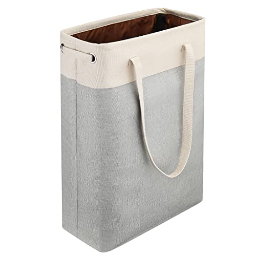i BKGOO Laundry Basket with Handles Beige&Silver Slim Laundry Bin Collapsible Dirty Clothes Basket Narrow Laundry Bag Foldable Dirty Hamper for Camping, Dorms, Apartments - color: Beige&Silver