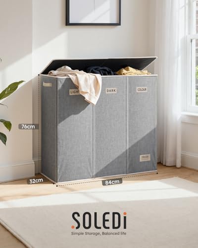 SOLEDI 200L 3-Section Laundry Hamper with Lid, Extra Large Dirty Clothes Basket with Sturdy Handles for Laundry Room & Bedroom - Durable Organizer for Sorting Laundry - color: Grey, size: 200L