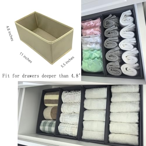 Bructhun Sock Drawer Organizer 3 Pack - Collapsible Fabric Storage Bins for Underwear Divider, Small Closet Organizers with 3 Compartments, Khaki - color: Khaki