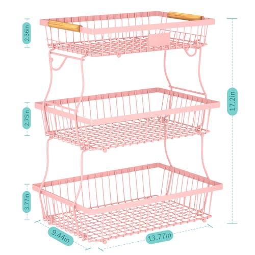 3 Tier Fruit Basket for Kitchen Counter with 2 Banana Hangers, Countertop Metal Fruit Bowl with Wooden Handle, Large Storage Stand for Vegetables, Snacks, Breads, Produce Storage – Pink - color: Pink, size: 3 Tier