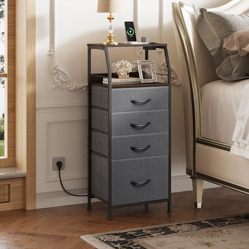 WLIVE Nightstand with Charging Station, Night Stand with LED Light, Tall 4 Drawer Dresser for Bedroom, 37" H Bedside Table with Fabric Storage Bins, Open Wood Shelf, Metal Frame, Dark Grey - color: Dark Grey, size: 4 Drawers
