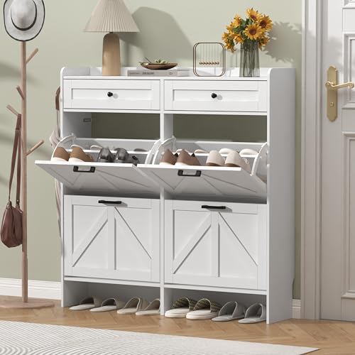 Thacuok Shoe Cabinet with 4 Flip Drawers & 2 Storage Drawers, Rustic Farmhouse Narrow Shoe Organizer Cabinet, Slim Shoe Rack Cabinet, Shoe Storage Cabinet for Entryway, Hallway, Front Door - color: White, size: 4 Drawers