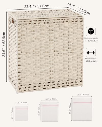 SETVSON Laundry Hamper with Lid Wicker Laundry Basket 112 L (29.6 Gal) Laundry Hampers Handwoven Rattan Clothes Hamper with Handles 3 Removable Liner Bag, 6 Mesh Bags for Bathroom Bedroom Light Khaki - color: Light Khaki, size: 29.6 Gal