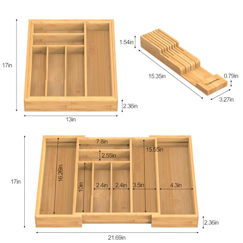 Bamboo Kitchen Drawer Organizer, Expandable Silverware Organizer with Removable Knife Block, 6-8 Slots- Utensil Holder & Cutlery Tray Drawer Dividers, 2.36" Deep for Extra Capacity, Natural - color: Natural