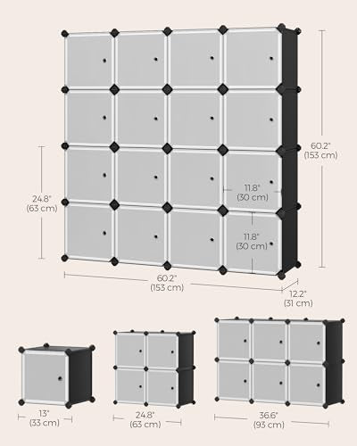 SONGMICS Cube Storage Organizer, Set of 16 Plastic Cubes, Closet Storage Shelves, DIY Plastic Closet Cabinet, Modular Bookcase, Shelving with Doors for Bedroom, Living Room, Black and White ULPC44HS - color: Black, size: 16 Cubes, style: with doors