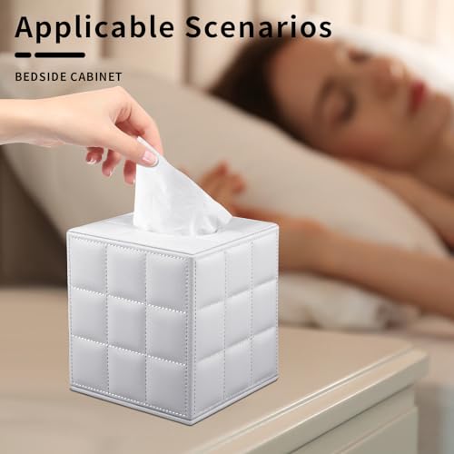 Tissue Box Cover Square Tissue Box Holder PU Leather Facial Organizer with Magnetic Bottom,Decorative Napkin Caddy for Vanity Dresser Night Stand Table Countertop Home Office Car,White - color: Square Tissue Box-white Grid