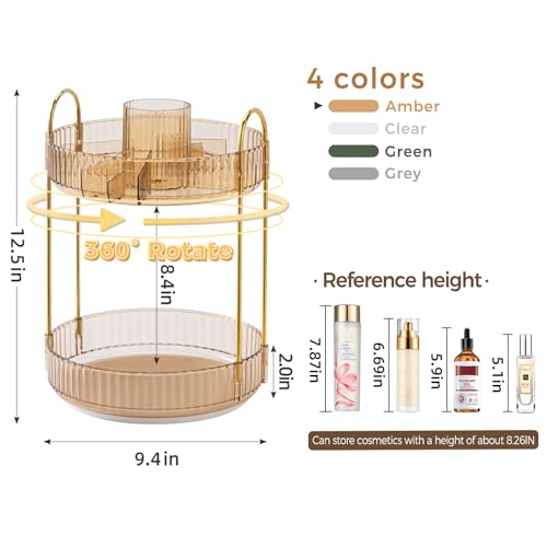 360° Rotating Makeup Organizer, Upgraded 2 Tier Skincare Perfume Organizers for Women, Bathroom Organizer Countertop, Clear Cosmetic Dresser Organizer with Makeup Brush Holder, Sink&Counter(Amber) - color: Gold, size: 2 Tier