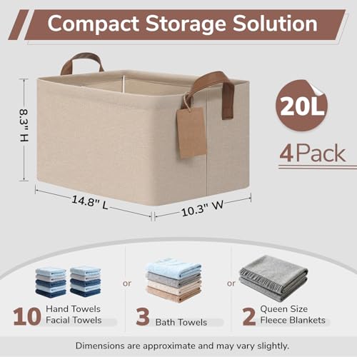 CHICVITA 4 Pack Storage Baskets for Shelves, Foldable Closet Organizer Bins with Handles, Toy Storage Basket for Nursery Living Room, 14.8" x 10.3" x 8.3", Brown - color: Brown, size: 20L (14.8"L x 10.3"W x 8.3"H)