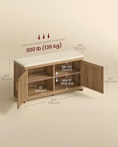 VASAGLE ELLAN Collection - Boho Shoe Bench with Cushion, Entryway Storage Bench with 2 Rattan-Look Cabinet Doors, Rounded Corners, Adjustable Shelf, for Bedroom Under Window, Natural Brown ULSB501KC01 - color: Natural Brown, size: 13.8"D x 39.4"W x 20.9"H