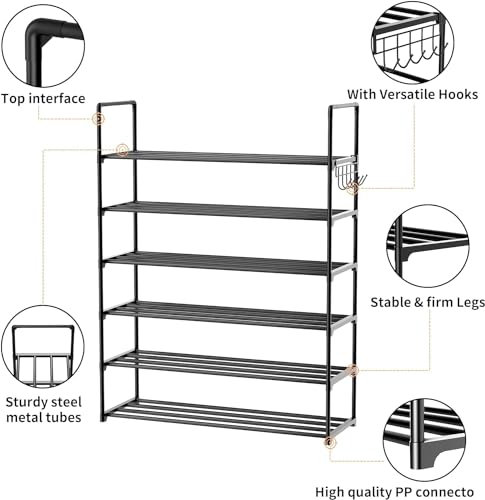 Metal Shoe Organizer,6 Tiers Shoe Storage Shoe Rack with Hooks,Fit 24-30 Pairs,Adjustable Shoe Shelf for Entryway,Hallway,Bedroom,Metal Bottom Support - size: 6 Tier