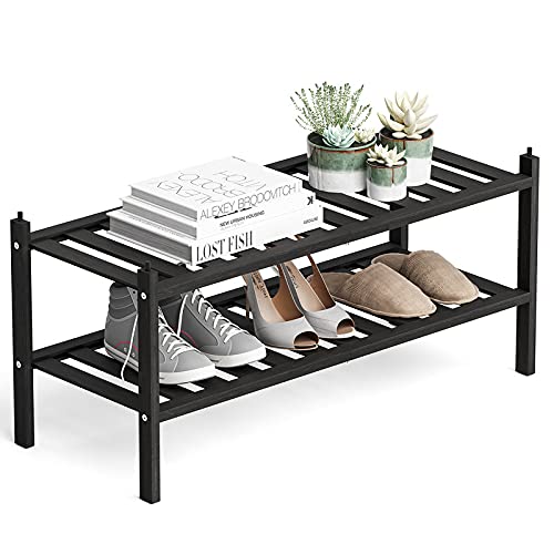Dranixly Shoe Rack, 2-Tier Bamboo Stackable Shelf Storage Organizer, Stand for Closet, Entryway and Hallway （Black） - color: Black, size: 2-Tier