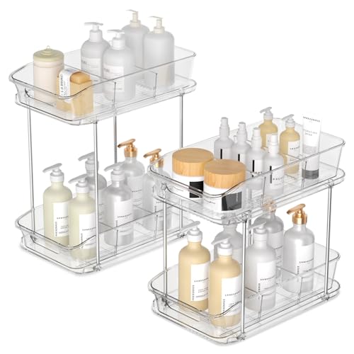 Incostar 2 Tier Pull-Out Organizer for Bathroom Kitchen, Under Sink Storage with Dividers, Ideal for Cabinet, Cupboard Organization, Slide-Out Clear Storage, 2 Pack - style: 2 Pack 2Tier