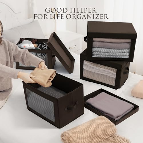 Homsorout Foldable Storage Boxes with Clear Window - Clothes Organizers and Decorative Bins with Lid, Fabric Storage Cube, Baskets for Shelves, Yarn, Home, Brown, 3 Pack - color: Brown, size: L(3-Pack)