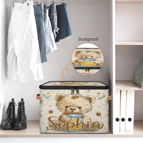 Custom Storage Basket with Name, Personalized Storage Bins with Zipper Lid, Foldable Fabric Storage Box Large capacity with Handle Flower Bee Bear - color: Option 20