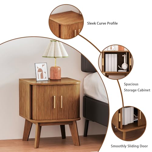 Fluted Nightstand with Sliding Tambour Doors, Curved Edge Wood Bedside Table for Bedroom, Side Tables with Storage for Living Room (1, Square - Walnut) - color: Square - Walnut