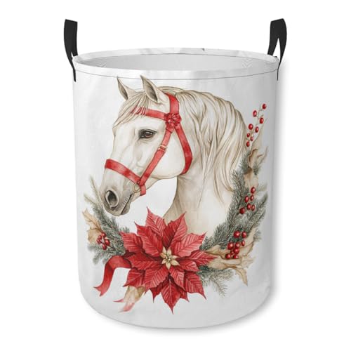 Christmas Horse Laundry Basket Cute Animal Foldable Laundry Hamper with Handles Clothes Storage Bin for Household Bedroom Bathroom Dorms 17.3"x13.6" - color: Christmas Horse