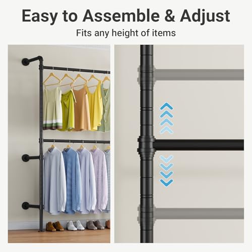 Timate P2 Industrial Pipe Clothes Rack, Wall Mounted Open Closet System with 3 Hanging Rods, L-Shape & Straight Configuration Garment Rack for Closet, Bedroom, Apartment, Retail Display, Black