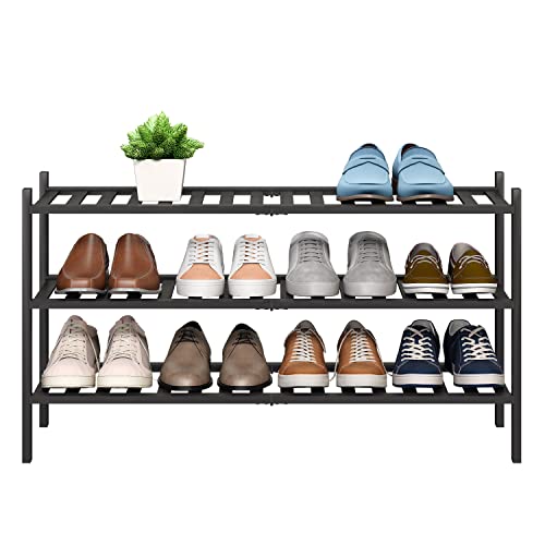 BMOSU 3-Tier Bamboo Extended Shoe Rack Premium Stackable Shoe Shelf Storage Organizer for Hallway Closet Living Room Entryway Organizer (Black Bamboo) - color: Black Bamboo, size: 3-Tier Long（33.3*11*18.3inches）