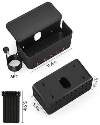 Power Strip with Cable Management Box,Surge Protector 10 AC and 3 USB Ports,6 ft Flat Plug Extension Cord,Outlet Hider Fast Charging Station,Desk Cord Organizer Box and Cover,Hidden Long Wire,Black