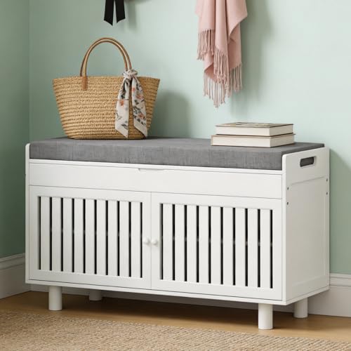 oakvivo 35.4in Shoe Bench with Storage, Bamboo Entryway Bench with Lift Top Hidden Storage & Padded Seat, 2 Doors 2-Tier Narrow Shoe Rack Cabinet Organizer for Hallway Mudroom Bedroom, White - color: White