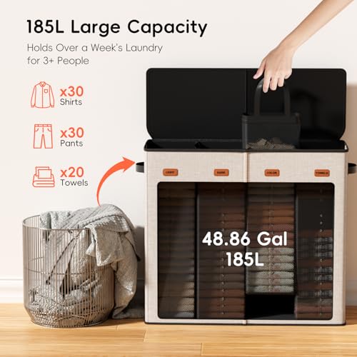 Laundry Hamper 4-Section with Lid, 185L Laundry Sorter with 4 Removable Bags + 1 Extra Large Bag, Switchable 3/4 Compartment, Laundry Basket Organizer for Bedroom, Laundry Room，Beige - color: Beige, size: 185L - 4 Section