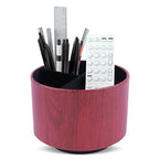 Round Leather Art Supply Organizer,Remote Control Holder,360 Degree Spinning,Multi-Functional Pencil Holder,4 Compartments Desktop Stationary Organizer(1-Thin Wood Red Brown) - color: 1-Thin Wood Red Brown
