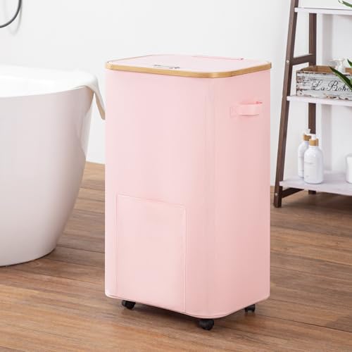 Vincona Laundry Basket with Wheels, Tall Dirty Clothes Hamper on Wheels, Rolling Laundry Hamper with lid for Dorm, Bedroom and Bathroom (Pink, 100L) - color: Pink, size: 100L