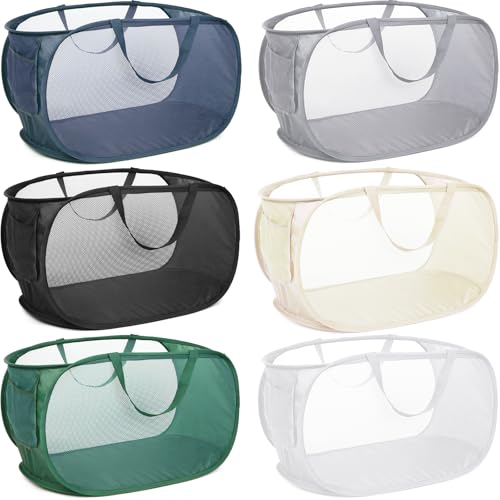 6 Pcs Durable Collapsible Laundry Baskets, Foldable Laundry Basket Large Opening, Pop Up Laundry Hamper with Pocket, Clothes Hamper with Handles for Laundry, Bathroom, Kids Room, Dorm or Trave - color: Gray+Black+Navy+Green+Beige+White