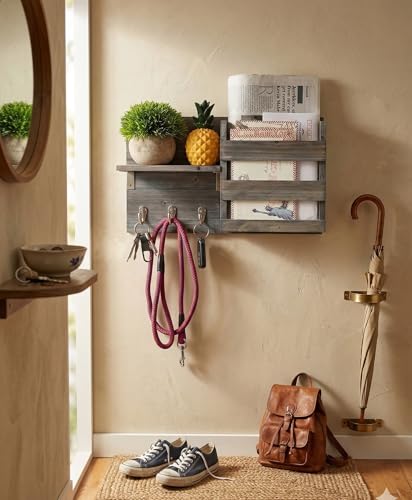 Spiretro Wall-Mounted Key Holder Hooks - Rustic Wood Weathered Grey & Black - Entryway Organizer for Mail, Leashes, and Purses - Floating Shelf, 16.5” W x 9.75" H x 4.5” D - color: Weathered Grey & Black Organizer & Wood Shelf