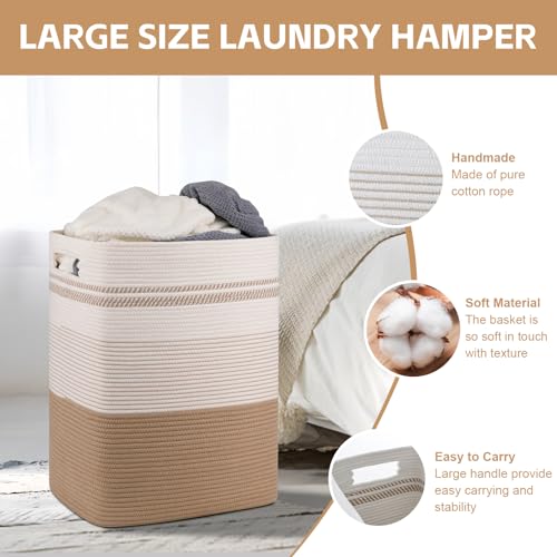80L Large Cotton Rope Laundry Basket for Bedroom & Laundry Room, Tall Clothes Hamper with Sturdy Handles, Neutral Storage Bin Capable of Holding Blankets and Toys - color: Jute & White, size: 80L