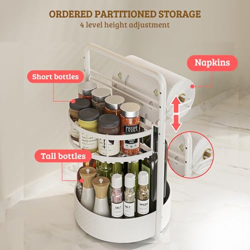 Rotating Spice Rack with Paper Towel Holder, 2 Tier Turntable Lazy Susan, Seasoning Organizer for Kitchen Countertop Cabinet, White - color: White