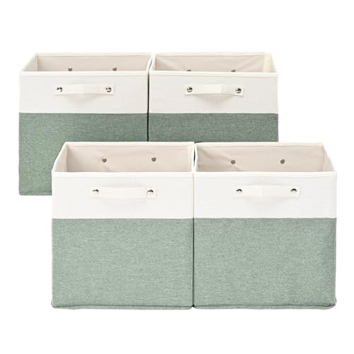 FinishingBo 13 x 13 Inch Fine Linen Storage Bins with Handles，Fabric Cube Boxs，Basket Organizers for Shelves for Home, Closet Drawers (White/Green-4 Pack ) - color: White/Green-4 Pack
