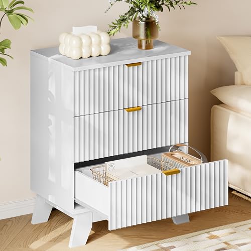 BORNOON 30.5" Nightstand with Charging Station, 3-Drawer Fluted Bedroom Chest, Wood Bedside Dresser with Power Outlets and USB Ports, Metal Slides, Stable Base, Modern Storage Cabinet for Small Spaces - color: Pure White, size: 3-Drawer with Strip