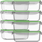 Razab 16 Pc (Set of 8) 30 Oz Glass Meal Prep Containers with Lids, Airtight Large Glass Food Storage Containers, Reusable Leak Proof BPA Free, Freezer to Oven and Dishwasher Safe - color: Green