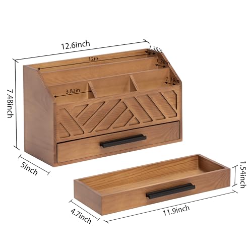 dreampossible Brown Wood Desk Organizer and Accessories with Drawer, Bill Mail Organizer and File Mail Holder for Office Supplies, Modern Desk Accessories & Workspace Organizers for Desk Organization - color: Brown A