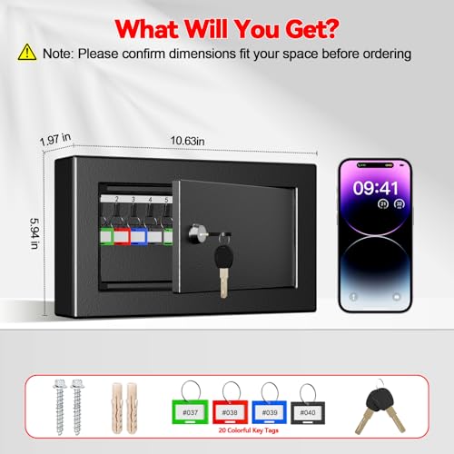 20 Position Key Lock Box Wall Mount, Anti-Theft Key Holder Wall Mount Lock Box with Key Lock and Colorful Key Tags, Secure Key Storage Organizer for Home, Office, Hotel, Car Dealership