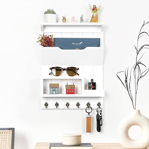 Key Holder for Wall, Mail Organizer Wall Mounted, Mail and Key Holder with 6 Key Hooks for Home Decor, Pine Wood White