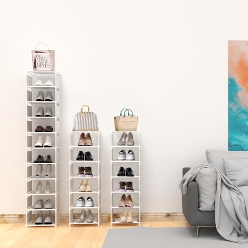 10 Tier Vertical Shoe Rack - White Narrow Shoe Rack for Closet & Entryway, Space Saving Tall Shoe Organizer for Small Spaces, Sturdy Skinny Shoe Tower Stand for Boots & Heels - color: White