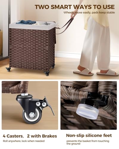 Greenstell Laundry Hamper with Wheels, No Install Needed, 110L Divided Handwoven Hampers & 2 Removable Liner Bags, Rattan Clothes Laundry Basket with Lid & Handles, Foldable Hampers Brown 22x13x26.4In - color: Brown, size: 110L: 22.0x13.5x26.4 Inches