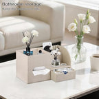 Square Tissue Box Cover with Drawer Storage and Tray on Top, PU Leather Tissues Cube Boxes Holder, Modern Nightstand Organizer Caddy, Remote Control Holder for Bathroom, Bedside, Office, Home - color: Beige Cloth