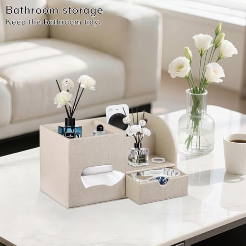 Square Tissue Box Cover with Drawer Storage and Tray on Top, PU Leather Tissues Cube Boxes Holder, Modern Nightstand Organizer Caddy, Remote Control Holder for Bathroom, Bedside, Office, Home - color: Beige Cloth
