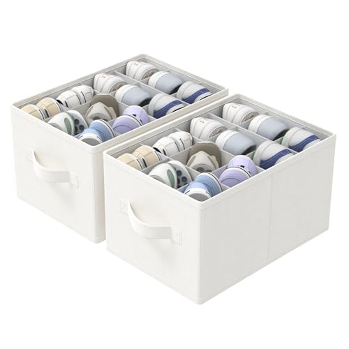 2 Pack Shoe Storage Bins, Fits Up to 24 Pairs, Foldable Space-saving Closet Organizers System, Clothes Basket with Reinforced Handles, 16.5 x 12.6 x 10.2 In, White & Ivory, XSNX02W-2 - color: White & Ivory