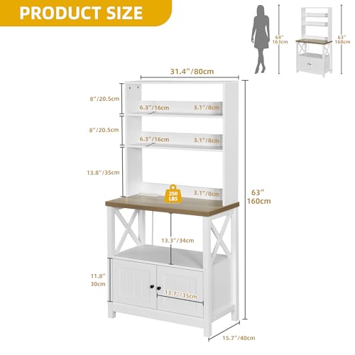 DWVO White Baker Rack with Power Outlet and Storage, Farmhouse Microwave Stand with Door for Kitchen, 5-Tiers Tall Coffee Bar Station Cabinet Thickened Counter with Hutch Shelves - color: White, size: 31.5''W