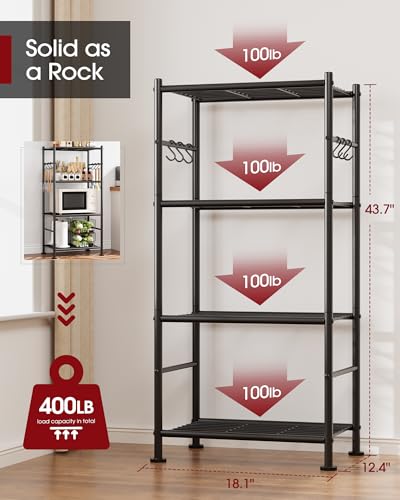 Sakugi Storage Shelves - 4-Tier Large Capacity Shelf Organizer with Hooks, Heavy-Duty Garage Shelving with Leveling Feet, Wobble-Free Rack for Bedroom, Balcony, Garage, 18.1"×12.4"×43.7", Black - color: Black, size: 18.1W×12.4D×43.7H(4T)